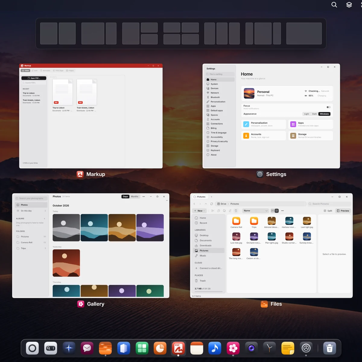 The Stack: Markup, Settings, Gallery and Files side by side.